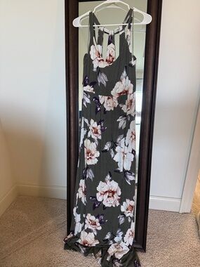 nine britton Olive Floral Maxi Dress with White & Purple Blooms